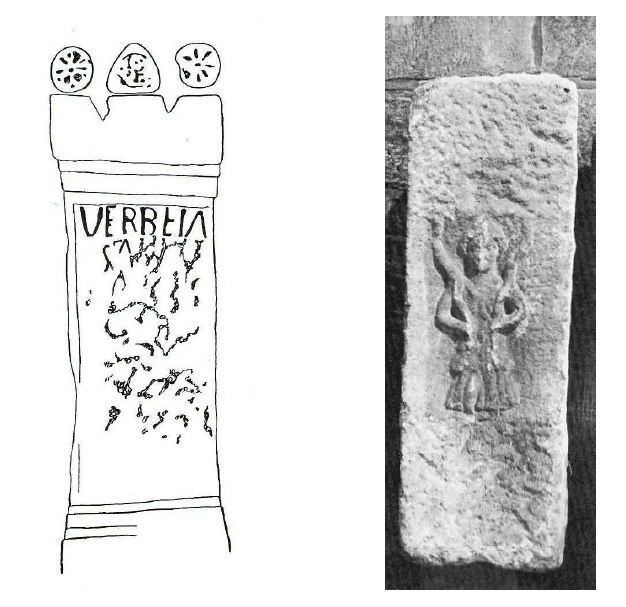 Fig. 31: Left: Facsimile of the altar dedicated to Verbeia discovered in Ilkley (Yorkshire, GB). Now in the Gardens of the Seminary of the Fathers of the Sacred Heart, at Middleton Lodge, in Ilkley. Rinaldi Tufi, 1983, plate 9, n°30 and 