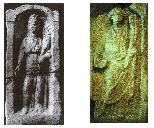 Fig. 19: Left: stele* from Escolives-Sainte-Camille (Yonne) with inscription to Rosmerta. Bemont, 1969, p. 30. Right: Anepigraphic relief* of a goddess of plenty from Soulosse-sous-Saint-Elophe (Vosges), where three inscriptions to Mercurius and Rosmerta have been discovered. The goddess stands in approximately the same position, holds a huge cornucopia* in her left hand and wears a long tunic and a coat. 