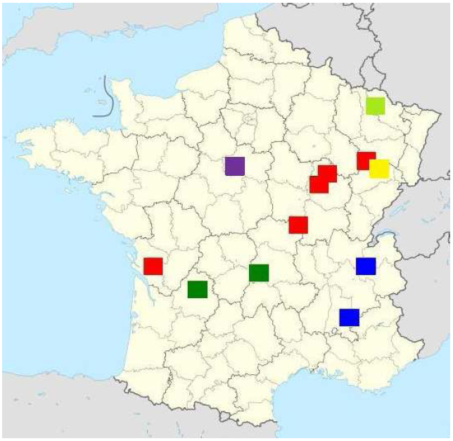 Fig. 55: Analytical map of the cult of fountain- and spring-goddesses: Acionna (purple), Icovellauna and Mogontia (light green), Bricta (yellow), Damona (red), principally attested in the centre-east of Gaul, Bormana (blue), in the south-east of Gaul, and Stanna/Sianna (dark green), in the south-west and centre of Gaul (Source: N. Beck).