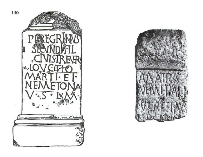 Fig. 1: Left: Altar dedicated to Loucetius Mars and Nemetona from Bath (GB). In the Roman Baths Museum. 