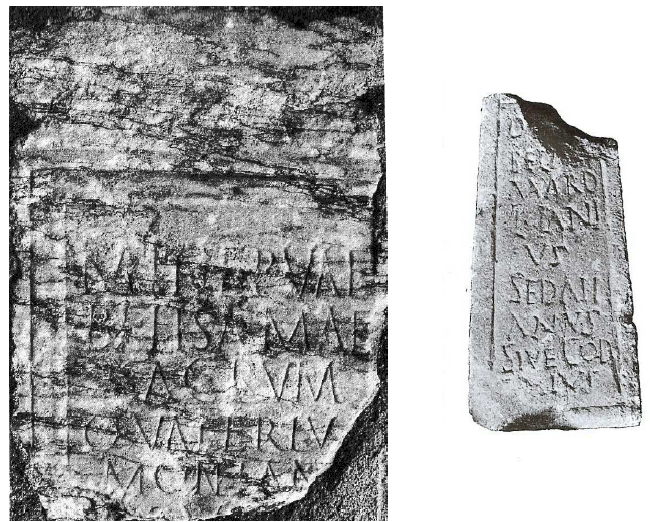 Fig. 32: Left: Votive altar dedicated to Minerva Belisama, discovered in re-employment* in the bridge of Saint-Lizier (Ariège). 