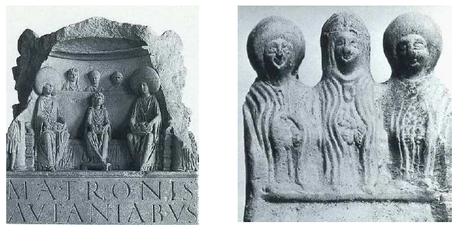 Fig. 11: Left: Altar combining a representation and a dedication to the Matronae Aufaniae from Bonn (Germany). Right: Pipe-clay group of three Mother Goddesses from Bonn wearing the typical round hat of Germanic goddesses. In Rheinisches Landesmuseum, Bonn. 