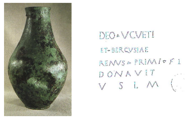 Fig. 53: The bronze vase with the inscription to Ucuetis and Bergusia, discovered in the ‘Monument of Ucuetis’ in Alise-Sainte-Reine (Côte d’Or) in 1908. In the Musée Alésia. Berthoud, 1908-1909, pl. LI and LIII ; Le Gall, 1985, p. 40, n°XVI.