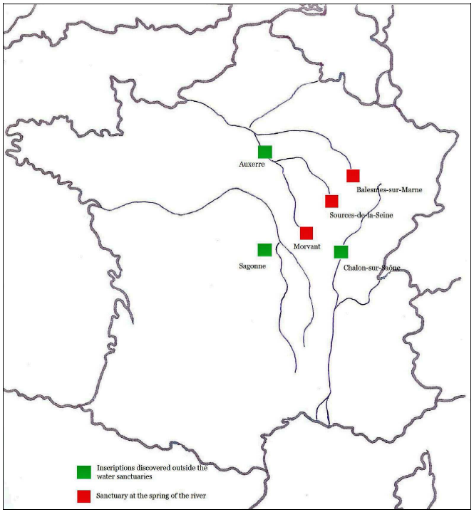 Fig. 30: Analytical map of the inscriptions dedicated to the Gaulish River-Goddesses and the sanctuaries discovered at the springs of the rivers (Source: N. Beck).
