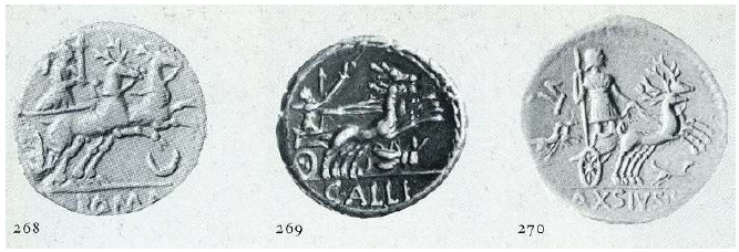 Fig. 38: Representations on coins of Diana driving a cart drawn by deers. 