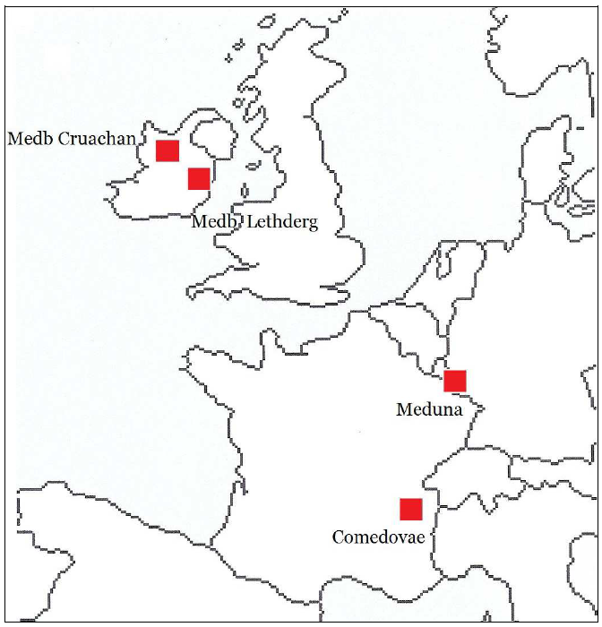 Fig. 11: Analytical map of the ‘Mead Goddesses’ distribution in Gaul and Ireland.
