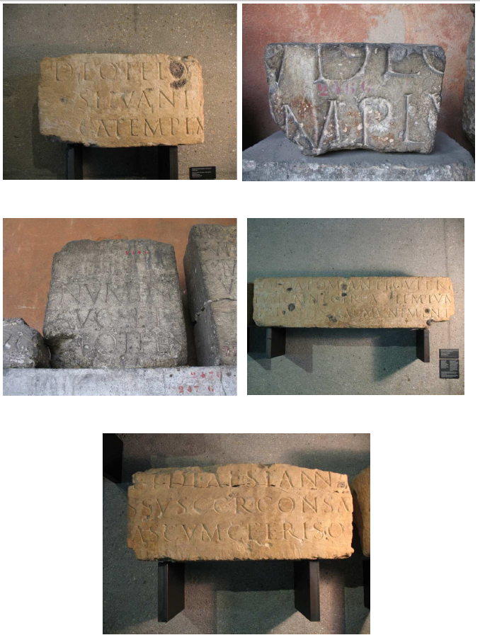 Fig. 48: The five fragments of the inscription dedicated to Telo and Stanna found in Périgueux (Dordogne). Picture n°5 is the fragment on which the words 