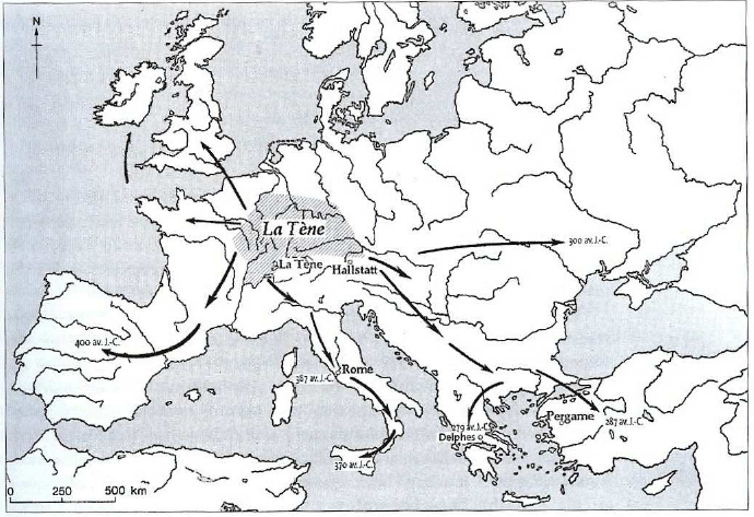Fig. 2: Map of Celtic expansion in Europe in the La Tène period. Raftery, 2006, p. 11.