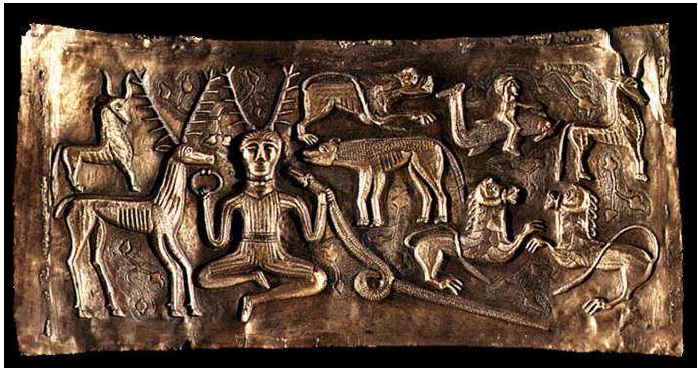 Fig. 40: Representation of the antlered-god Cernnunos on the Gundestrup Cauldron. Beside him stands a huge stag and other animals. Goudineau (ed.), 2006, p. 62.