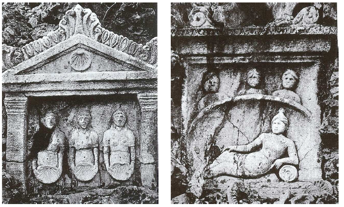 Fig. 21: Bas-reliefs* from the spring of Les Fumades, Allègre (Gard), representing a trio of goddesses, called Nymphs. Left: 