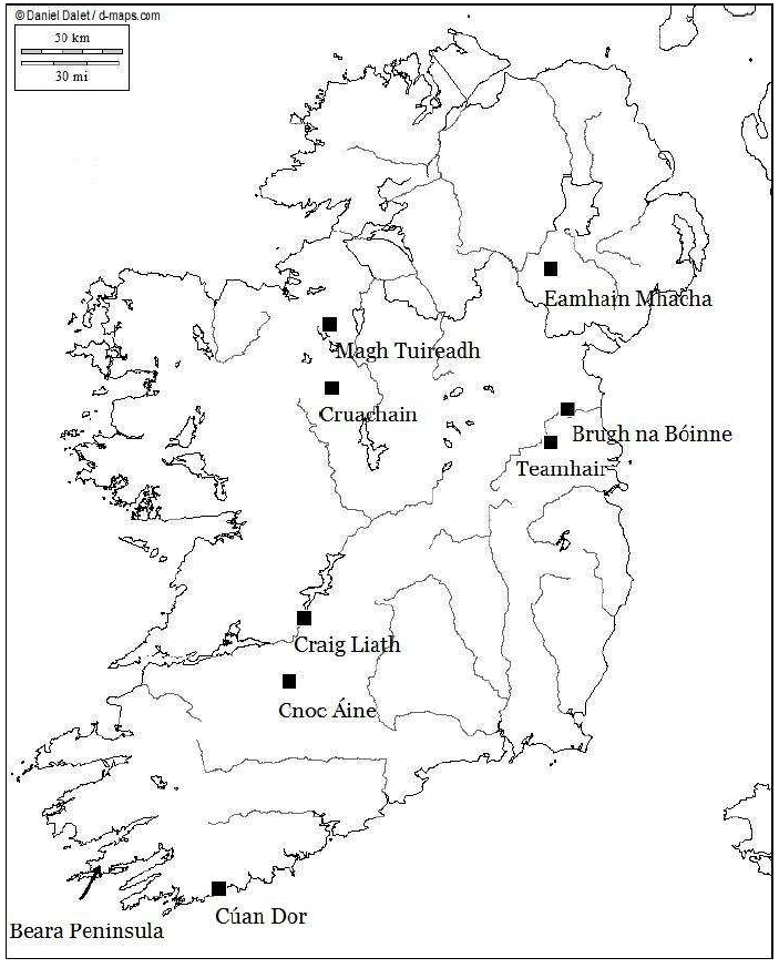 Fig. 4: Map of mythical sites in Ireland relating to Territorial-Goddesses. (Source: N. Beck).