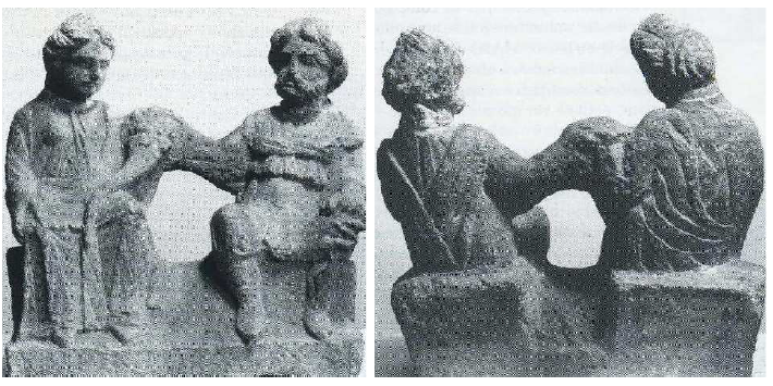 Fig. 14: Relief* of a divine couple discovered in Alésia (Cote d’Or). The goddess holds a cornucopia* in her left hand and represents the concept of the ‘Wife-Goddess’. In the Palais du Roure d’Avignon. Deyts, 1992, p. 69.