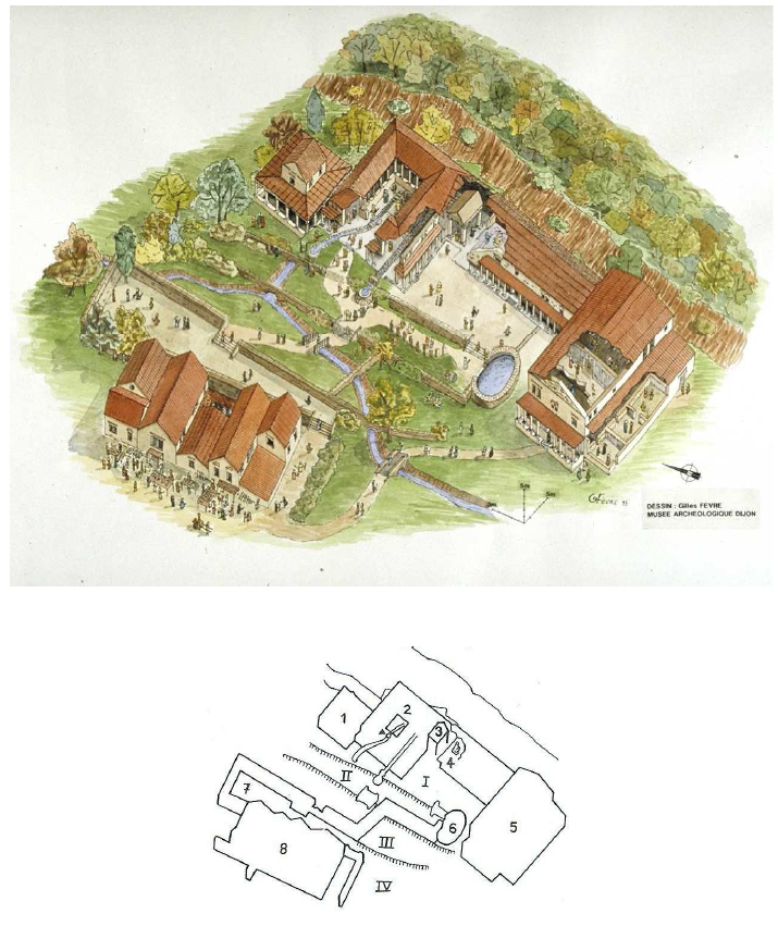 Fig. 22: Reconstruction of the Gallo-Roman sanctuary dedicated to the goddess Sequana at the Sources-de-la-Seine with the sacred spring at its centre. Deyts, 1994, pp. 6-7.