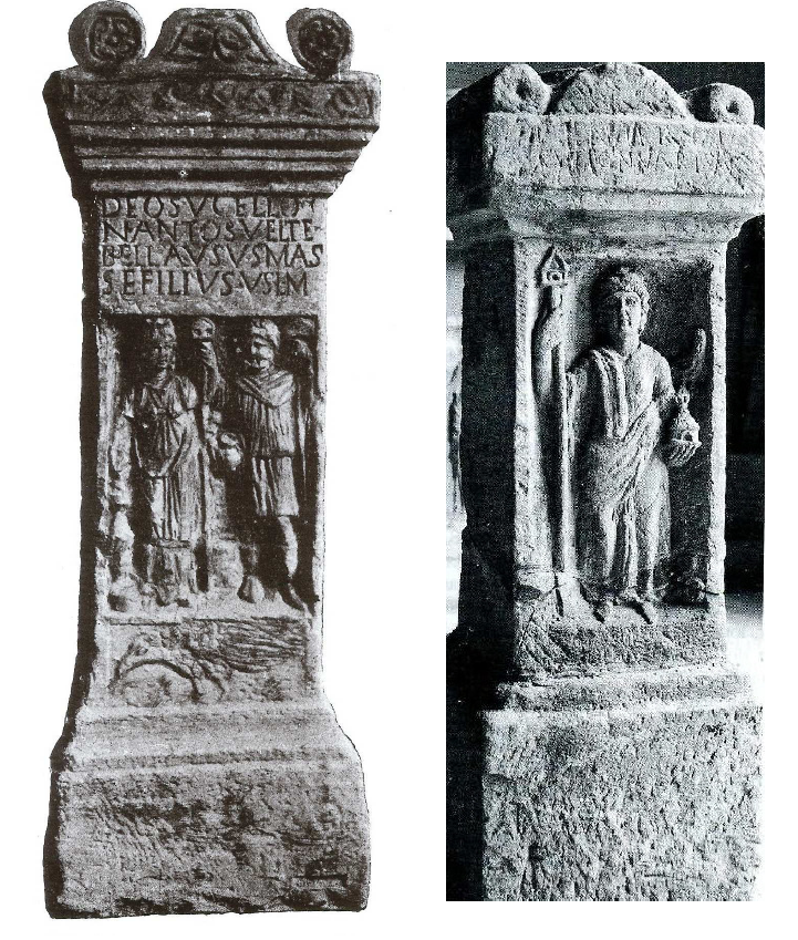 Fig. 6: Left: the altar from Sarrebourg (Moselle) portraying and naming the couple Nantosuelta and Sucellus. Right: the second altar from Sarrebourg depicting Nantosuelta. 