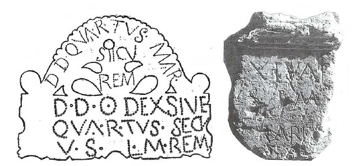 Fig. 2: Left: Inscription offered by Quartus to the goddess Dexsiva, eponymous of the tribe of the Dexivates, discovered on the oppidum* of the Castellar, in Cadenet (Vaucluse). Right: Mutilated altar dedicated to Dexiva. Both are housed in the Musée Borely de Marseilles. 