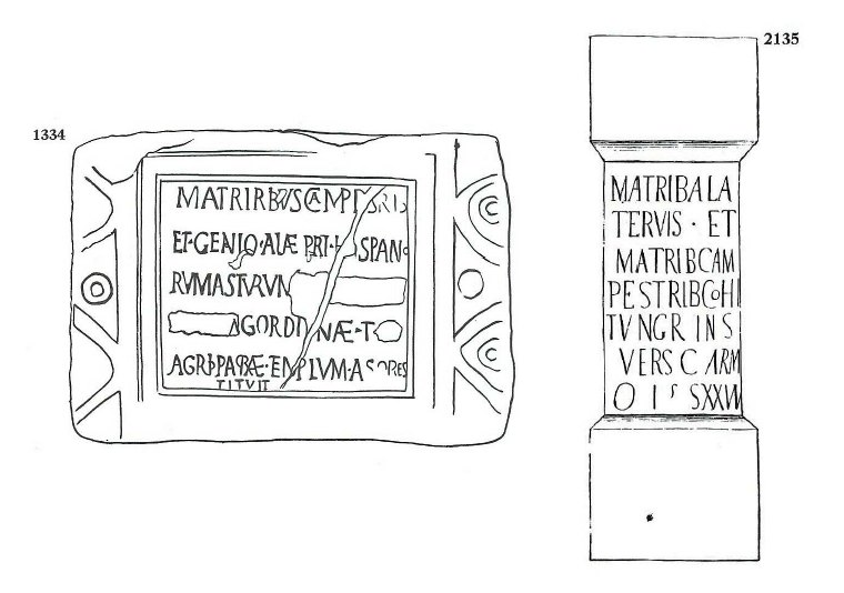 Fig. 28: Left: Altar from Benwell (Northumbria) to the Matres Campestres. Haverfield, 1982, p. 331. Right: Altar from Cramond (Scotland) to the Matres Alatervae and Campestres. 