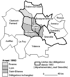 Carte 3. La départementalisation de l'organisation territoriale de la SACEM (1991-95; région de Lyon)