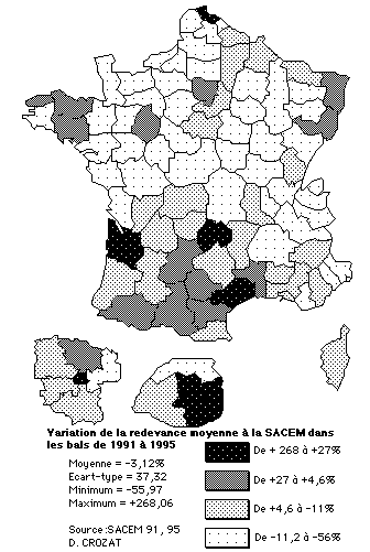 Carte 23. Evolution de la redevance moyenne à la SACEM dans les bals de 1991 à 1995