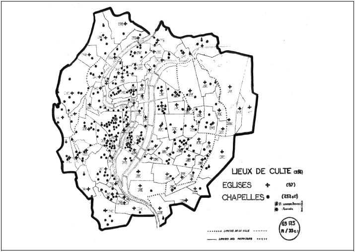 Fig. 6 : Localisation des lieux de culte recensés lors de l’enquête de pratique dominicale du 21 mars 1954