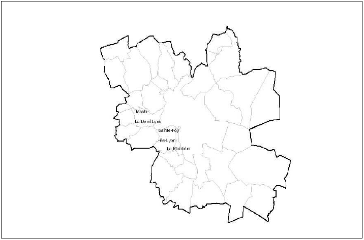 Fig. 4 : Communes de l’archidiaconé Saint-Jean dans lesquelles ont été construites des habitations « castors » entre 1945-1956 mentionnées dans le fonds Gerlier (Archives de l’Archevêché de Lyon)