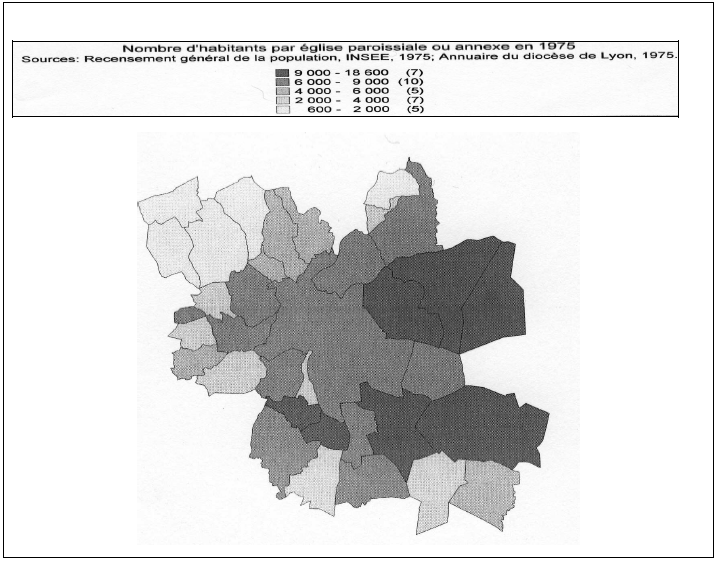 Fig. 14 : Nombre d’habitants par lieu de culte paroissial dans l’agglomération lyonnaise en 1975