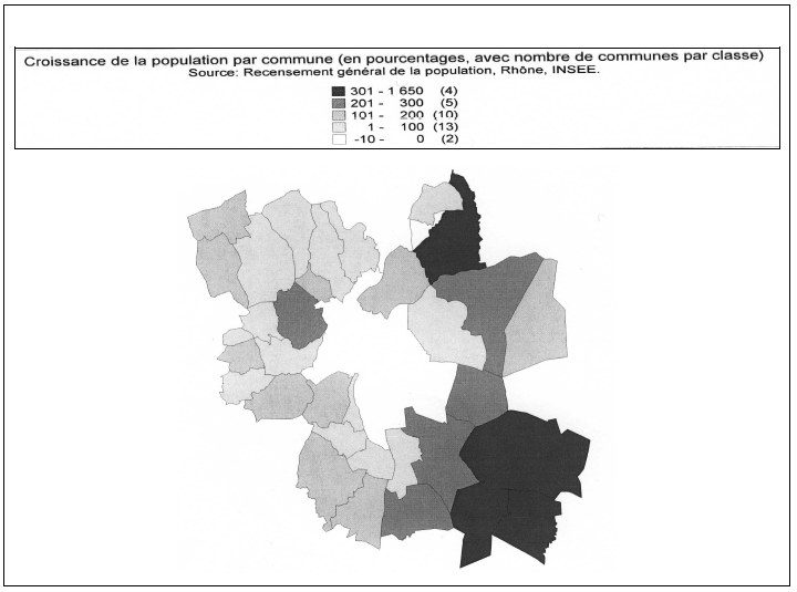 Fig. 11 : Croissance démographique des communes de l’agglomération lyonnaise, 1954-1975