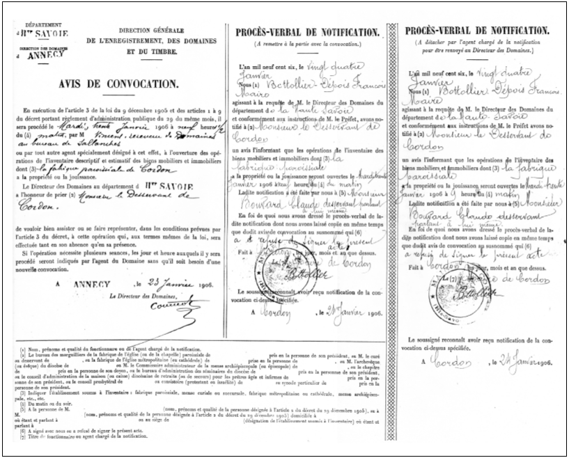 Notification remise à Claude Bouvard, desservant de la paroisse de Cordon, en vue des opérations des Inventaires qui ont lieu le 30 janvier 1906.
