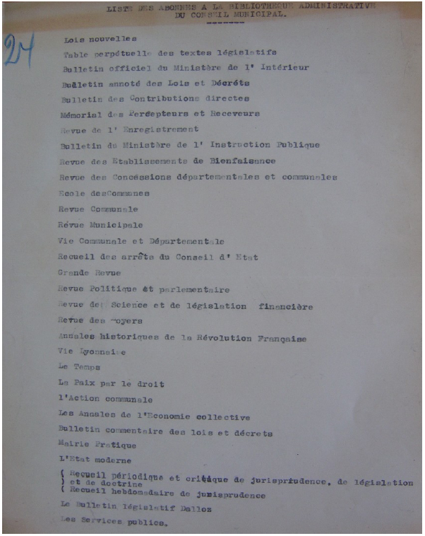 Liste des abonnements de la bibliothèque du conseil municipal de Lyon en 1931