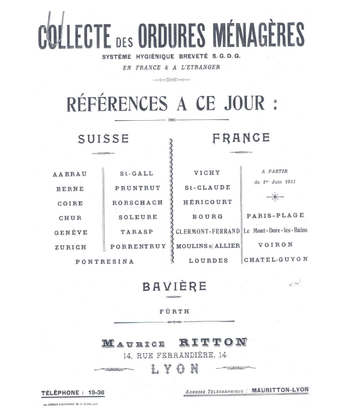 Prospectus de Maurice Ritton, fournisseur de matériel de collecte des ordures au début du XXe siècle