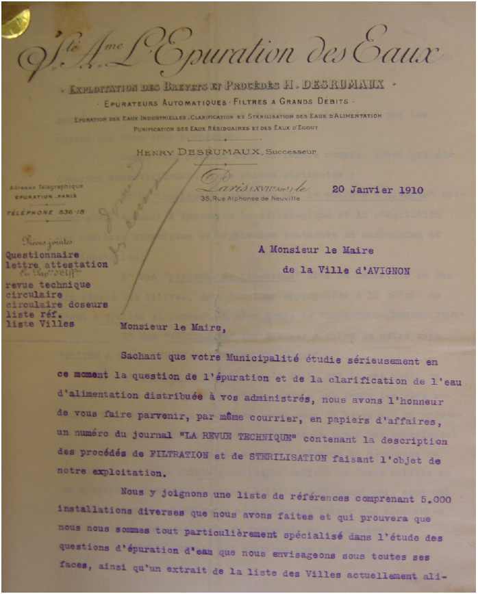 Lettre de démarchage de la société Desrumaux auprès du maire d’Avignon (1910)
