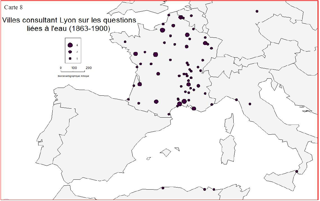 [Carte 8 : Villes consultant Lyon sur les questions liées à l’eau (1863-1900)]