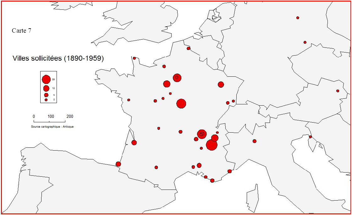 [Carte 7 : Villes sollicités (1890-1959)]