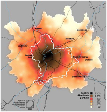 Carte n°3 : L’aire urbaine de Lyon (densité de population en 1999)