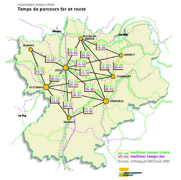 Carte n° 14 : Temps de parcours entre les villes centres et les agglomérations du réseau métropolitain