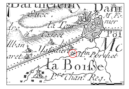Doc. 54. Localisation du moulin banal de Montluel sur la carte de Cassini (feuille de Belley, 1760) © IGN