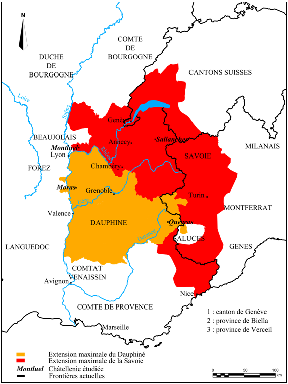 Doc. 1. Localisation des châtellenies étudiées et étendue des territoires dauphinois et savoyard après 1446