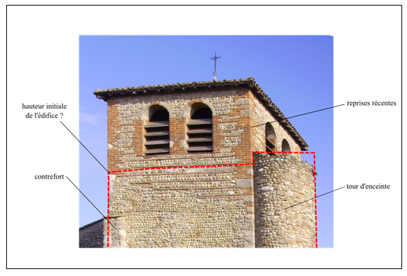Doc. 37. Photo-interprétation de la partie haute de la façade occidentale de la chapelle Saint-Barthélémy de Montluel