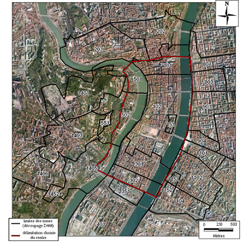 Carte 31 : Le centre de Lyon, coupures et zones fines