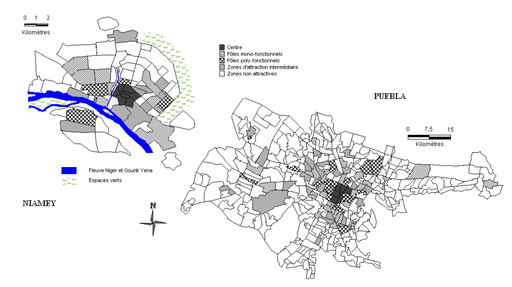 Carte 33 : Typologie fonctionnelle des aires urbaines de Niamey et Puebla