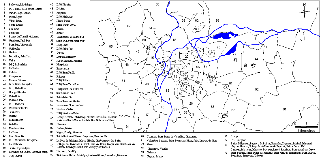 Carte 6 : L’agglomération lyonnaise en 88 grandes zones