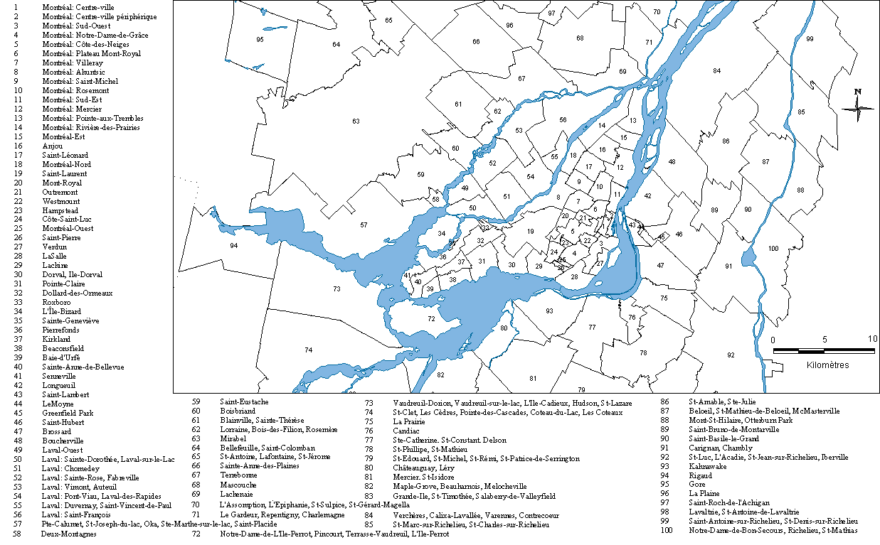 Carte 8 : L’agglomération montréalaise en 100 grandes zones