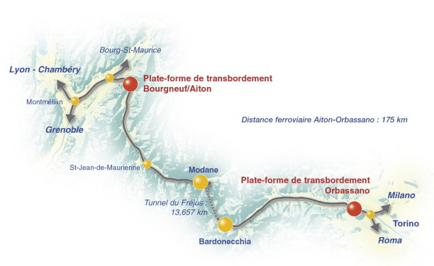 Fig. 18 – Le service d’autoroute ferroviaire lancé en 2003 entre Aiton et Orbassano