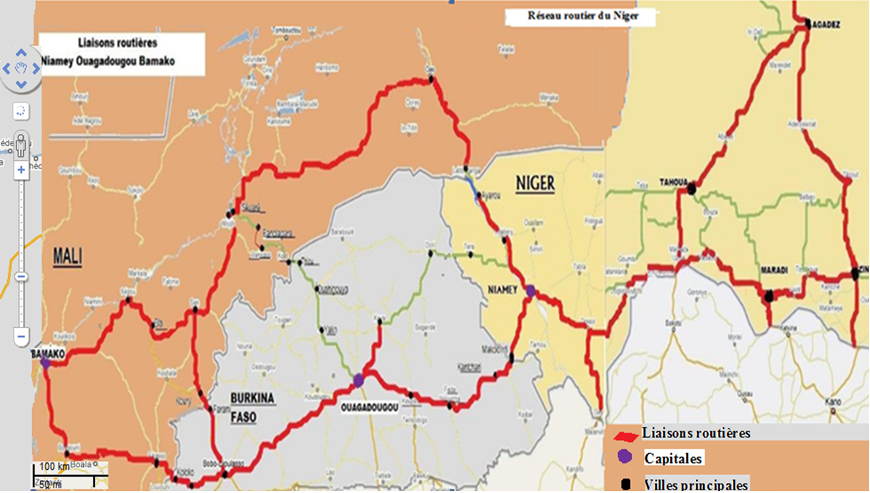 Carte 3 : Les liaisons routières interurbaines reliant Niamey aux principales villes du Niger et avec l’étranger (Burkina Faso et Mali)