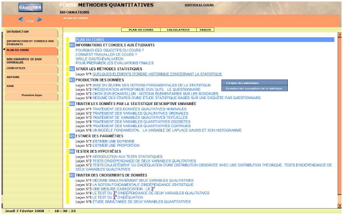 Figure 14: Interface du plan du cours Méthodes Quantitatives et ses liens hypertextes. 