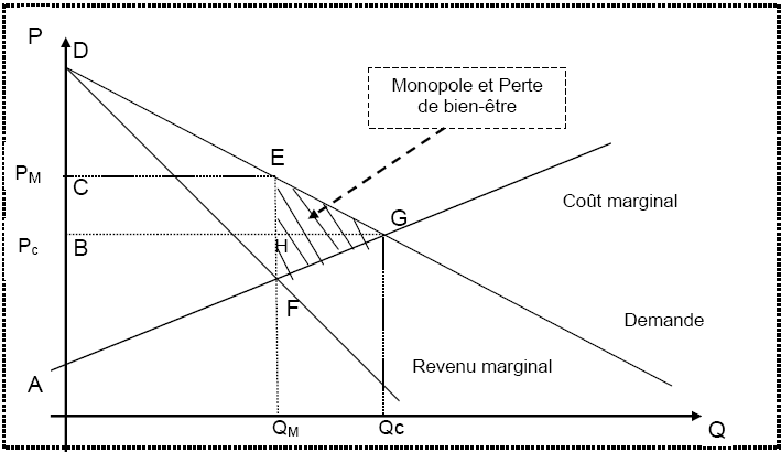 Figure 1.3 - Monopole, surplus du consommateur et optimum social.