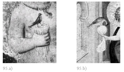 Fig. 95 : a) Chardonneret, sucette et coraux ; tableau-reliquaire de Dębe ; b) motif de sucette et de chardonneret, tableau avec sainte Anne Trinitaire de Strzegom ; Wrocław, Muzeum Narodowe
