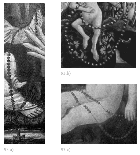 Fig. 93 : (a-c) Le motif de chapelet dans des tableaux-reliquaires, entre le dernier quart du XV