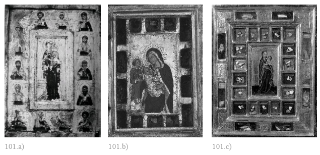 Fig. 101 : Volets de diptyques, a) tableau 1367-1384 ( ?), les Météores ; b) Lippo d’Andrea di Lippo, tableau 1430-1440, Florence ; c) atelier cracovien vers 1450-1460 ( ?)