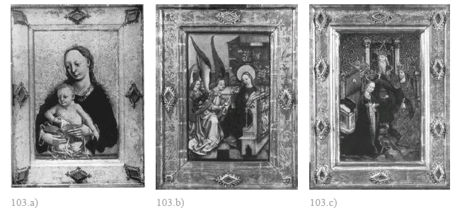 Fig. 103 : Tableaux-reliquaires a) Bardejov, église Saint-Gilles, 1465-1470 ; b) Cracovie, église Notre-Dame, chapelle des Pelletiers, 1470-1480 ; c) Cracovie, église Notre-Dame, chapelle des Pelletiers, 1470-1480