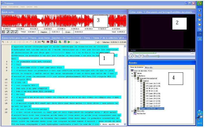 Figure 11 : Les quatre fenêtres du logiciel Transana : en bas à gauche la fenêtre transcription (1), en haut à droite la fenêtre vidéo (2), en haut à gauche la fenêtre audio (3), et en bas à droite la fenêtre base de données (4).